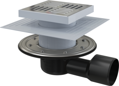 Трап 150х150 75 мм боковая подводка решетка и фланец из нержав. воротник двухуровн. изоляция APV3444