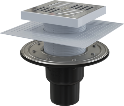 Трап 150х150 50 75 мм прямая подводка решетка и фланец из нержавейки воротник двухуровневый изоляция